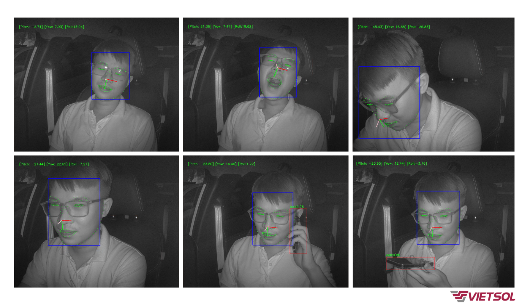 DMS detects various driver behaviors such as eyes closed, yawning, distraction, and smartphone use.