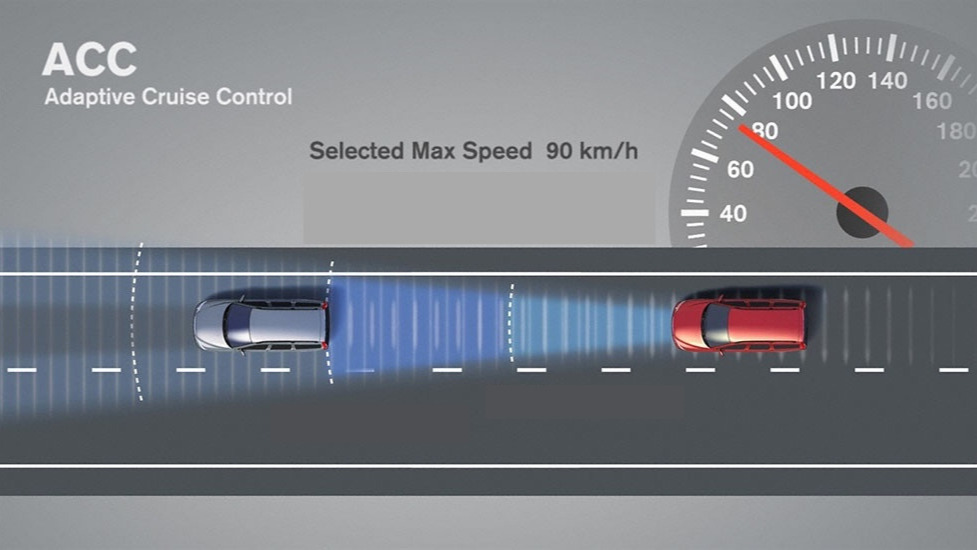 The ACC safe distance mode displays set at 90 km/h.