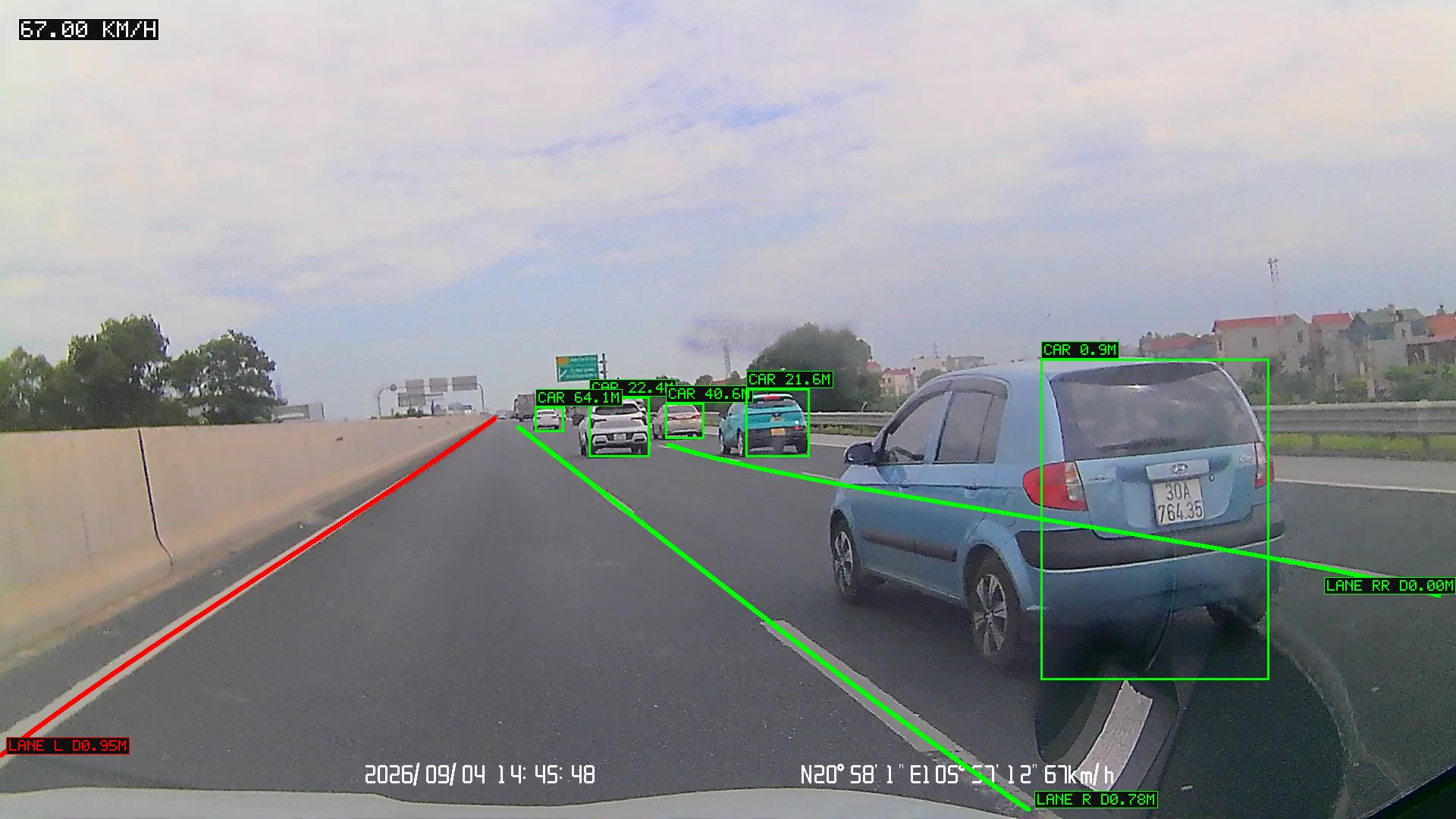 DriveSense's safety algorithm. The DriveSense system integrates an AI-HD camera and 77GHz Radar to detect vehicles and measure the distance and relative speed of ahead vehicles