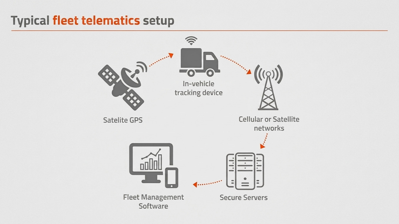 Telematics collects location and operational data from in-vehicle devices via GPS satellites. This data is then transmitted over telecommunications networks to a secure server for processing and visual display within management software.