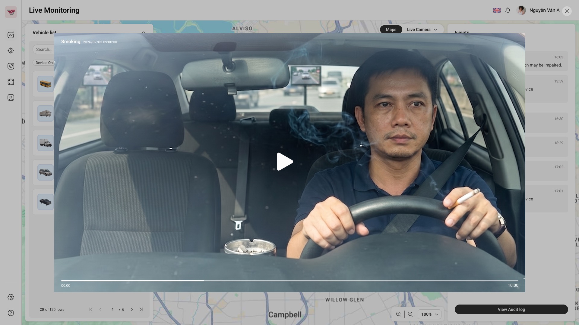 The AI camera detects unsafe driving behavior, and the data is stored in the Fleet Management System.